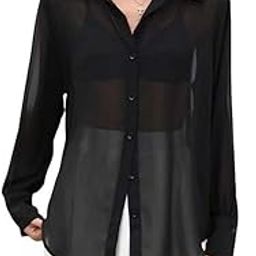 Sheer Mesh Button-Down Shirt, Long Sleeve, Black, Lightweight Transparent Blouse-image-79