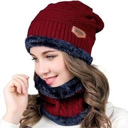 Winter Cap for Women with Neck Muffler Warn Soft for Snow | Knit Beanie Cap Hat Neck Warmer Scarf Set for Women (2 Piece Set) (Red)-image-19
