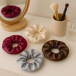 Space Fly Silk Satin Hair Scrunchies for Women – Stylish & Comfortable Hair Ties for Girls, Big & Small Sizes, For All Hair Types, Scrunchies Set of 4 (Pyaazi, Cream, Silver, Brown)-image-73