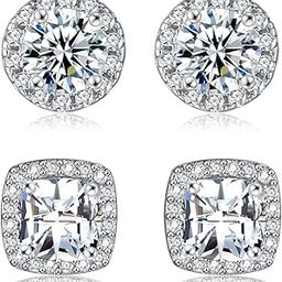 18K White Gold Plated Round Square Cubic Zirconia Simulated Diamond Halo Stud Earrings (2 Pairs)-0