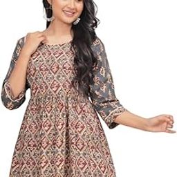 Women's Ethnic Grey Geometric Patterned Kurti Tops-image-38