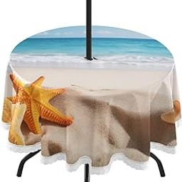 Wajiw 60 Inch Indoor Outdoor Round Tablecloth with Umbrella Hole and Zipper Waterproof Patio Table Cover for Camping Dining Room Party Outdoor Picnic,Starfis-image-78