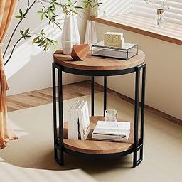 Collection 2-Tier Round Side Table, Small Modern Storage Shelf Black Metal Coffee Table Nightstand for Living Room Bedroom-10
