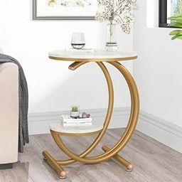 Woodilla Round 2 Tier Coffee Table, Modern Bedside Tablefor Living Room, Tea,Sleek End Table,Bed Side Table,Nightstand with Durable Faux Marble Top with Metal Legs- White&Gold-26
