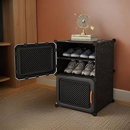 GUGALY 4 𝐒𝐡𝐞𝐥𝐟 Shoe Rack Plastic & 𝐏𝐥𝐚𝐬𝐭𝐢𝐜 𝐒𝐡𝐨𝐞 𝐑𝐚𝐜𝐤 𝐟𝐨𝐫 𝐇𝐨𝐦𝐞 and Shoe Rack with Door Entryway, Chappal Slipper Sandals Stand【Black, 4-Shelf-2-Door】-2