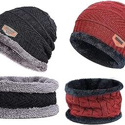 2 Pairs Men's & Women's Snow Proof Inside Fur Warm Woolen Cap with Neck Muffler Neck Warmer Scarf for Winters - Free Size (Black and Red) Unisex Beanie Cap-23