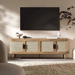 Quick Artsy Modern Rattan TV Stand Media Console with 4 Doors – Solid Wood Mid-Century Design Entertainment Unit Stylish Storage Cabinet for TV Stand.-image-91