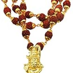 Religious Mahadev Trishul Locket With Gold Plated Cap Panchmukhi Rudraksha Mala And Brown Brass Wood Jewellery Pendant Necklace Chain For Men Women-image-59