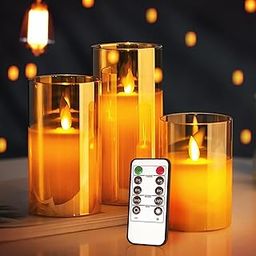 TIED RIBBONS Pack of 3 Flameless LED Candles with Remote Controller and Timer AAA Battery Powered with Golden Acrylic Fiber Glass for Home Decor Bedroom Festival Wedding Decoartion Items-24