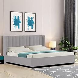 WOOD EMPIRE Upholstered King Size Bed for Bedroom | Wooden Double Bed Wthout Storage | Platform Cot Bed with Upholstery Premium Fabric | 6.5 x 6 Ft | Sheesham Solid Wood (Grey)-image-55
