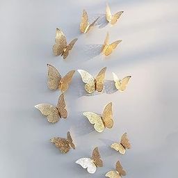 HARKNOX 12Pcs 3D Home Decor Butterfly Wall Stickers, Beautiful Kraft Paper, Reusable Self-Adhesive Art Decorations DIY Paper Butterflies for Living Room, Bedroom, Nursery, Party, Birthday (Golden)-image-33