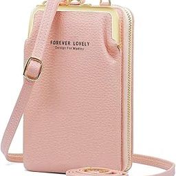 Women Phone Bag Ladies Wallet PU Leather Cell Phone Purse Mini Shoulder Bag with Strap Card Slots (Pink, Forever Lovely)-image-35