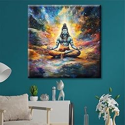 Exsha Lord Shiva Canvas Wall Art - 20x20 Inch Hindu God Meditation Painting - Cosmic Galaxy Universe Art Print - Ready to Hang Home Decor for Living Room Bedroom-image-86