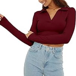 Women's Regular Fit Crop top Full Sleeves Polo Neck-image-48