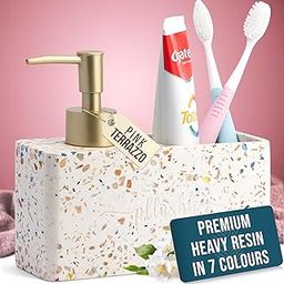 pllushh resin Bathroom Accessories Set (Pink Terrazzo) - Liquid Soap Dispenser for Wash Basin & Tooth Brush Holder Bathroom Set Combo, Soap Dispenser and Toothbrush Holder & Hand Wash Bottle-0