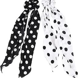 Polka Dots Hair Ribbon Scrunchies Ties Polyester Printed Scarf, Hair Bands 2 In 1 Ponytail Holders Scrunchy For Girls, Kid Girls Elastic Bow Accessories (Black -White,Set Of 4)-15