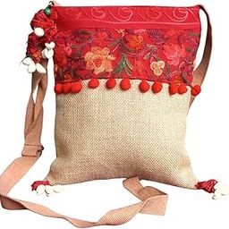 Pink Petals Stylish Dobby Jute Sling Crossbody Bag for Girls Women | 3 Compartments with Zipper & an Adjustable Strap | Kashmiri Ari Embroidery Sling Bag with decorative cowrie | 11X8.5 Inches-2