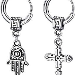Stainless Steel Huggie Hinged Hoop Earrings Dangling? Hamsa Hand of Fatima?Jesus Cross Piercing Earrings For Men Women-image-43