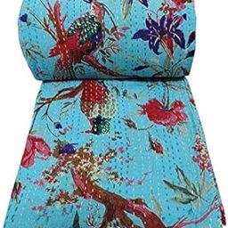 Textile Work Creations TI AMO Bird Print Handmade Cotton Bedspread Kantha Quilt King Size Bohemian Bedspread Kantha Quilt Single-image-61