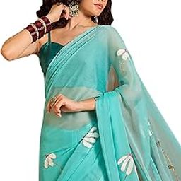 Women's Multicolor Chiffon Botanical Printed Saree With Unstitched Blouse Piece (PAINTING101_SU_Parent)-35