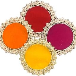 HEMDEV Decorative Puja Aasan Set, 4 Pearl-Trimmed Thalis in Red, Orange, Yellow and Pink, 4X4 Inch, Puja Altar Cloth for God Temple (Multi)-picture-14