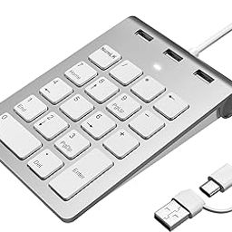 Numeric Keypad Wired Thin 18 Keys Mac, Numeric Keyboard, Numeric Keypad Pantograph Type-C/USB A, Mini Keyboard Hub, Equipped with 3 USB 2.0 Ports, Mac, Numeric Keypad, One-Handed Devices, Compatible-23