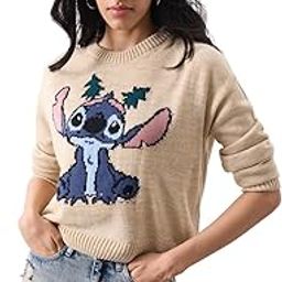 Lilo & Stitch: Ohana Women and Girls Long Sleeves Round Neck Beige Printed Acrylic Oversized Sweaters-image-11