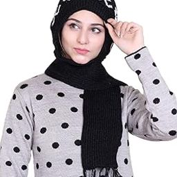 Women's Soft Knitted Winter Warm Woolen Cap with Woolen Lovely Muffler|Fur Cap with Muffler Black-image-45