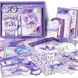 SVULINT Vintage Big Size Aesthetic Scrapbook Kit, Scrapbooking Supplies Kit with Bullet Junk Journal,Stationery,A6 Grid Notebook Journaling Gift Set (Purple Butterfly)-image-97