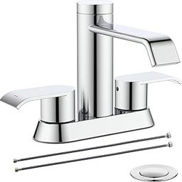 HEISOK Chrome Waterfall Bathroom Faucet - 4 Inch Bathroom Sink Faucet with Overflow Pop Up Drain & Supply Hose, Stainless Steel 2 Handles Centerset Waterfall Faucet for 2 or 3 Hole-19