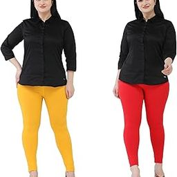 Premium Cotton Body Hugging Ankle Length Legging for Women, Soft and Comfortable Fabric with Elastic Closure, Free Size - Pack of 2pc (Fit Upto 25 to 32 Waist)- Yellow, Red-image-70