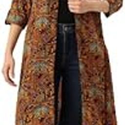 Women Orange Color Floral Print Front Open Shrug-2