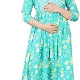 Maternity Floral Print Cotton Midi Dress, Sky Blue with Flower Print, 3/4 Sleeves, Empire Waist (in, Alpha, L, Sky Blue)-image-92
