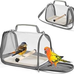 Qpets®Parrot Carrier Bag Ventilated Mesh Bird Carrier with Handle & Shoulder Strap, Transparent Small Pet Transport Carrier Bag for Hamster, Parrots, Guinea Pigs, with Tray & Perch Stick-image-64