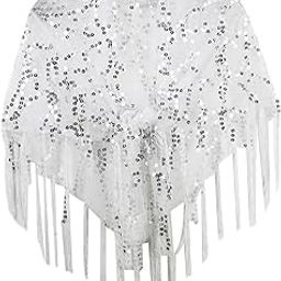 Women Shawl Wrap Ladies Sequin Shawl Cape for Formal Occasion Evening Summer White Silver-image-3