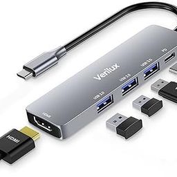 Verilux® USB C Hub,5 in 1 Type C Hub Portable Aluminum Multiport USB Adapter with 4K@30Hz HDMI Output,2.0/3.0 Ports,USB 55W PD Compatible with MacBook Pro/Air/M1,Dell XPS Devices-15