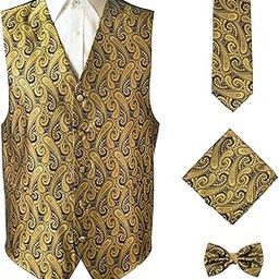 Men's 4pc Paisley Design Formal Waistcoat Tuxedo Dress Vest Necktie BowTie Handkerchief Set For Suit or Tuxedo-picture-55