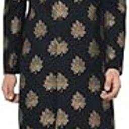 Men's Indo-Western Sherwani Churidar Set, Black Cotton Blend, Foil Print Mandarin Collar Regular Fit Long Sleeves-image-29