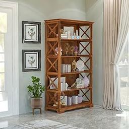 GHODELA ART Sheesham Wood Bookself with 5 Shelf Storage Wooden Bookcase Open Display Rack Home Décor for Office Living Room (Natural Finish)-image-98