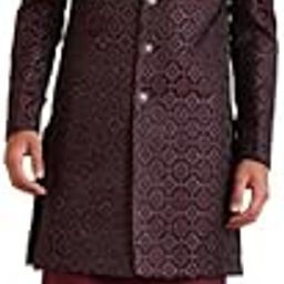 Men's Indo-Western Kurta Sherwani Churidar Set, Olive Silk Blend, Jacquard Regular Fit Mandarin Collar Long Sleeves-image-57