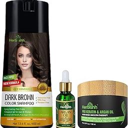 Herbishh Hair Colour Shampoo (Dark Brown, 400ml) with Argan Oil Serum (30 ml) & Pro Keratin Hair Mask (150gm) – No PPD & Ammonia Hair & Beard Dye for Women & Men | Grey Coverage with Frizz Control-88