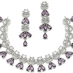 Rhodium-Plated American Diamond Studded Teardrop & Crescent Shaped Necklace With Earrings Jewellery Set For Girls and Women-14