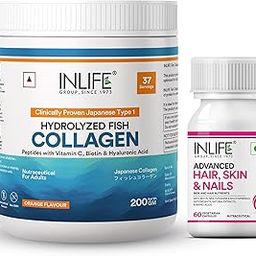INLIFE Glow & Grow Rejuvenate Combo – Marine Collagen Powder Orange 200grams & Advanced Hair, Skin & Nails 60 Capsules | With Biotin, Vitamins & Ayurvedic Herbs-image-43