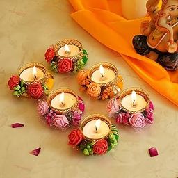 TIED RIBBONS Set of 6 Flowers Tealight Candle Holders for Diyas Decor Centerpieces Votives - Decorations Items for Home Decor (Pack of 6)-image-11