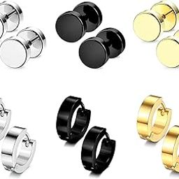 Valentine jewellery Stainless Steel Mens Earrings Combo Black Gold Silver Piercing Screw Bali Stud Hoops Earing Multicolor Earrings Combo for men boys Unisex-image-35