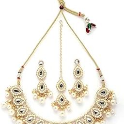 Good Looking Stylish Kundan & Pearls Studded White Choker Necklace with Drop Earring Maangtikka Jewellery Set For Women & Girls|Suited for All Festive Occasions|NS107361-47