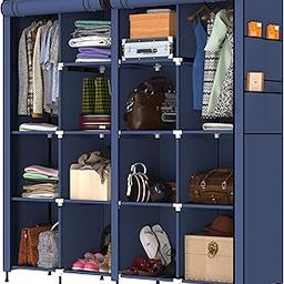 MY ARMOR 4-Door Foldable Wardrobe for Clothes, Wardrobe for Storage, Multipurpose Almari Organizer for Clothes, ABS Plastic Connectors, Fabric Cupboard - 14 Shelfes & 2 Hanger - Navy Blue-25