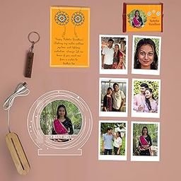 Reva Enterprise Personalised Rakshabandhan Gift Combo with Acrylic Photo Night Light, Wooden Name Keychain, 6 Polaroid Prints-image-96