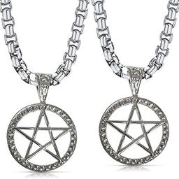 (Set Of 2 Pcs Unisex Silver Color Stainless Steel Seal of Solomon Pentagram Pantacle Wicca Magical Star Satanism Amulet Design Artificial Locket Pendant Necklace With Box Chain-image-13