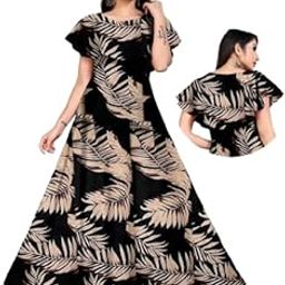 Women's Tropical Palm Print Maxi Dress, Black and Beige, Flutter Sleeves, Ankle Length-image-1
